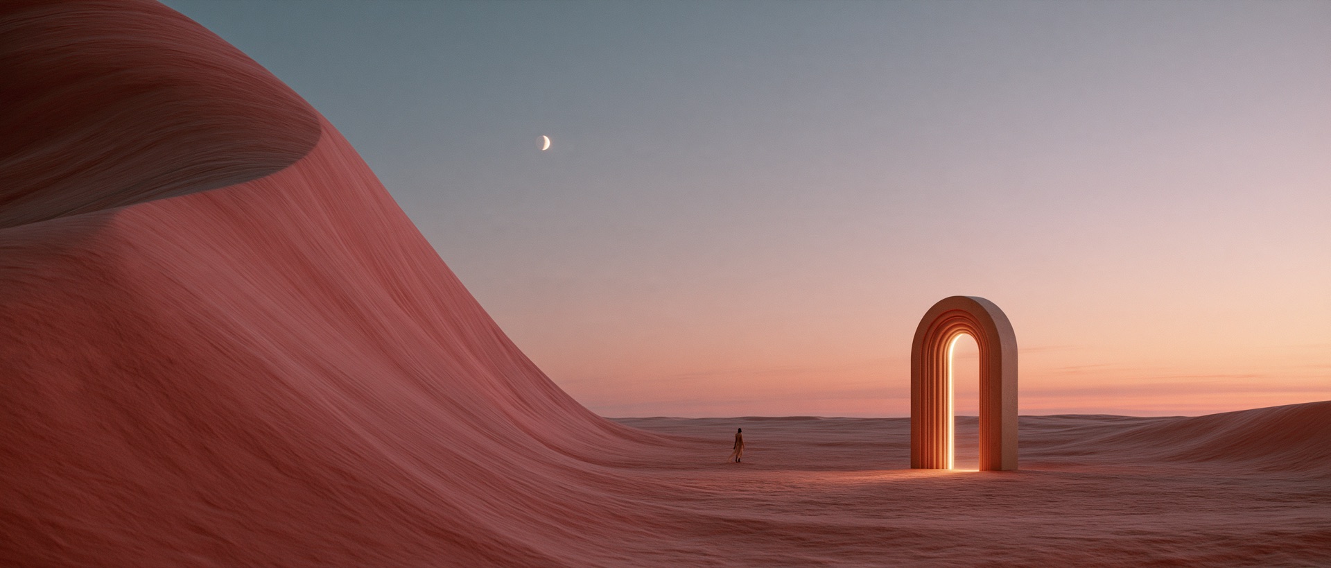 A lone figure crossing pale desert sand toward a tall lit archway at dusk, with a crescent moon overhead.